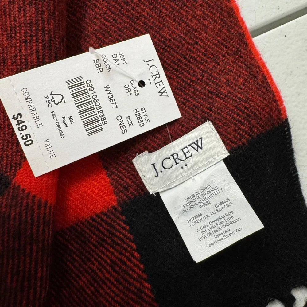 J.Crew Red Black Buffalo Check Plaid Scarf Fringed Winter Wrap H2853 NWT